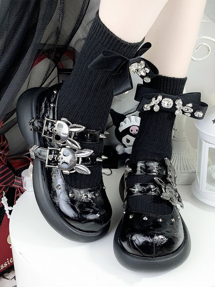 Skeleton Bunny Buckles Crack Black Punk Mary Janes