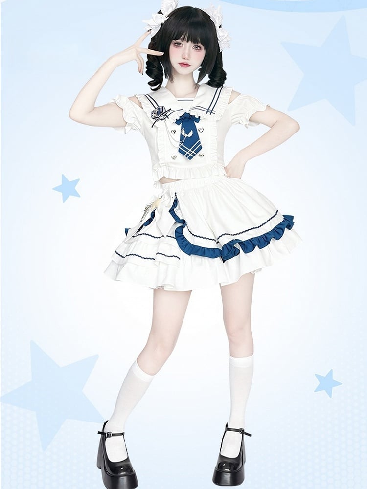 Sailor Collar Cutout Shoulder Top with Tiered Skirt White and Blue Preppy Style Idol Full Set
