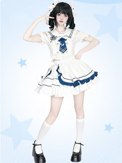 Sailor Collar Cutout Shoulder Top with Tiered Skirt White and Blue Preppy Style Idol Full Set