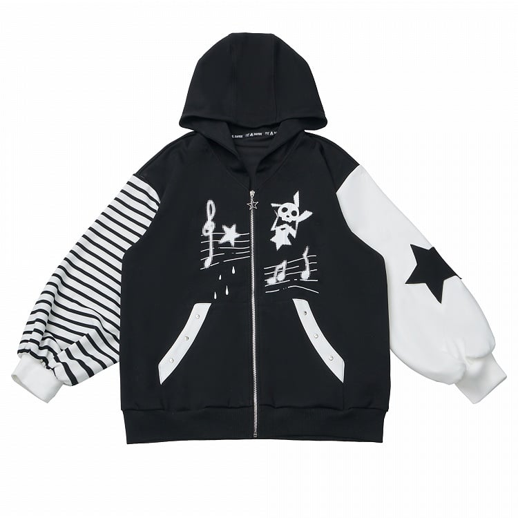 Black Zip-Up Hoodie with Y2K Graffiti and Star Zipper & Applique