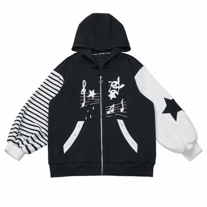 Black Zip-Up Hoodie with Y2K Graffiti and Star Zipper & Applique