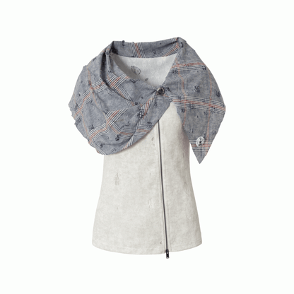 Blue and White Plaid Distressed Holes Navycore Zipper T-shirt Faux Two-pieces