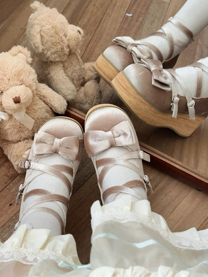 Sweet Beige Mary Janes for Lolita - Platform Heel with Bow Decor & Crossed Straps