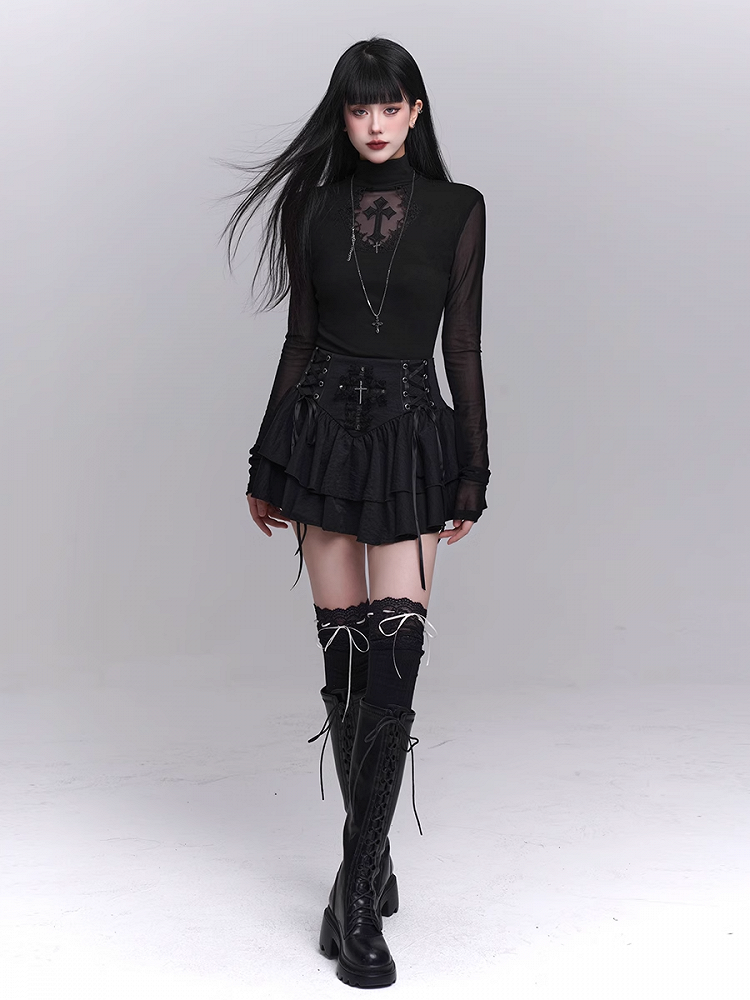 Black Mock Neck Coffin-shaped Cutout Cross Applique Mesh Sleeves Gothic Top