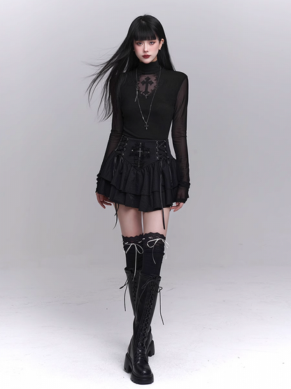 Black Mock Neck Coffin-shaped Cutout Cross Applique Mesh Sleeves Gothic Top