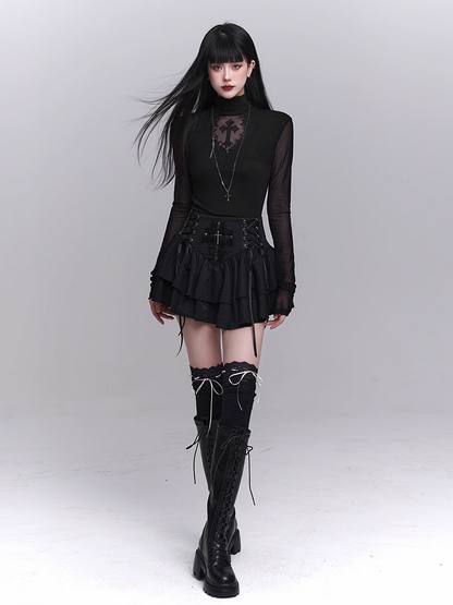 Black Mock Neck Coffin-shaped Cutout Cross Applique Mesh Sleeves Gothic Top