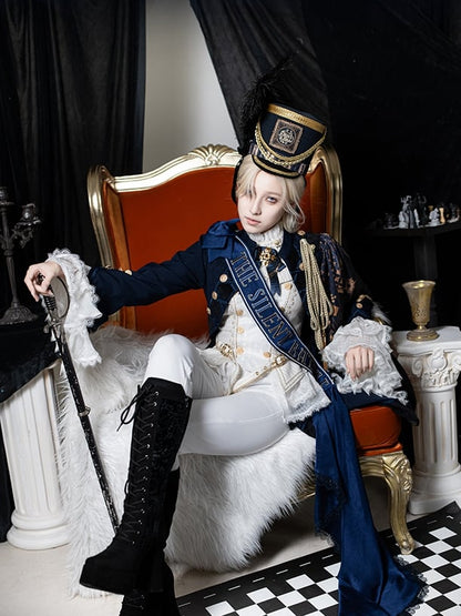 Ouji Fashion Lolita Knight Outfit - White Long Sleeves Top + Dark Blue One-shoulder Cape Tailcoat