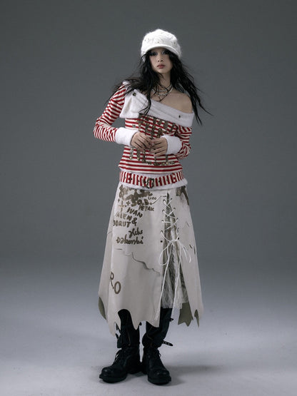 Black/White Asymmetrical Hem Lace-up Detail Skirt with Lace Patches