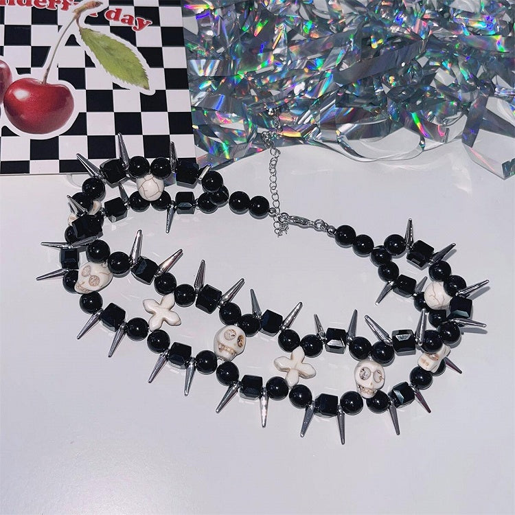 White Punk Skulls and Crosses Black Beads Studs Choker