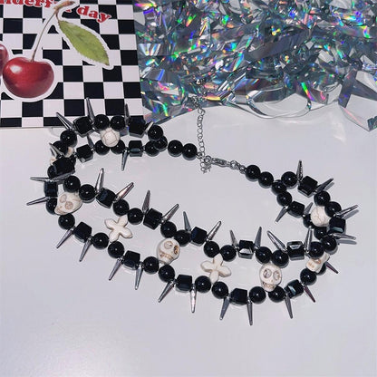 White Punk Skulls and Crosses Black Beads Studs Choker