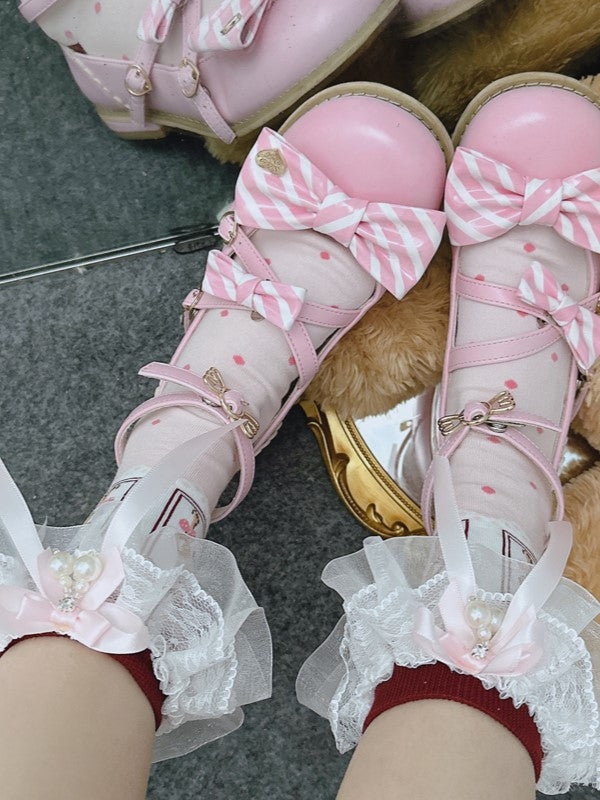 Pink Lolita Polka-dot Pattern Bowknot Details Lace Ruffled Cuffs Calf Socks With Pearls