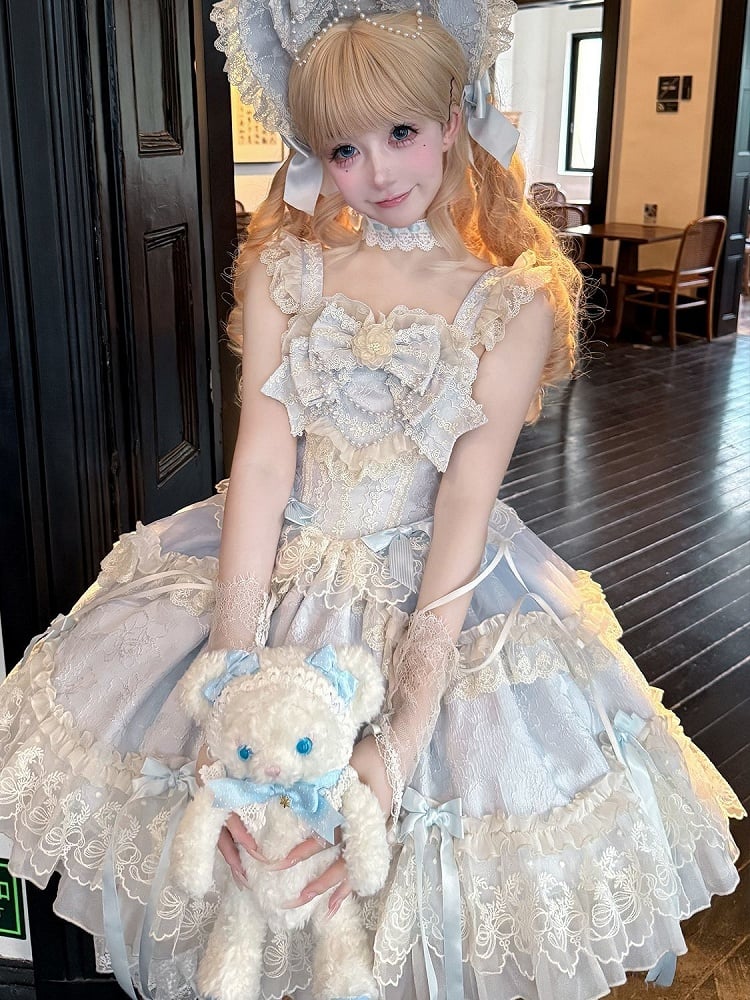 Blue Jacquard Fabric Sweet Bow Accents Dress Lolita Jumper Skirt