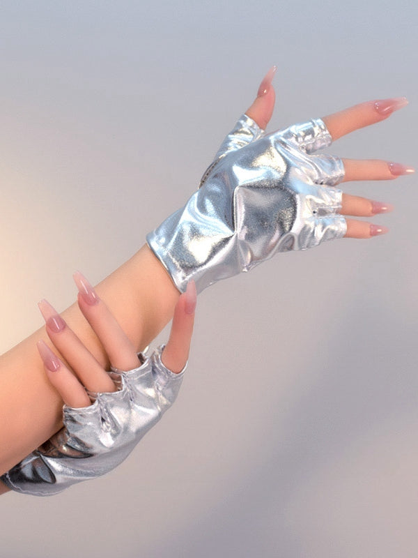 Silver/Black Cyberpunk Futuristic Half Finger Gloves