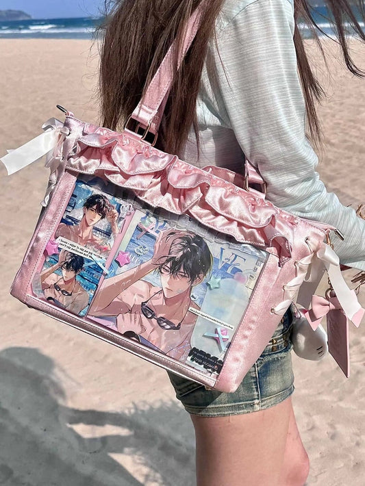 Pink Satin Ruffle Trims Self-tie Straps Ita Bag With Bow Card Holder