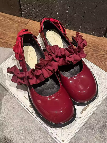 Polished Wine Red Round Toe Ruffle Trim 6CM Block Heel Mary Janes with Beaded Chain