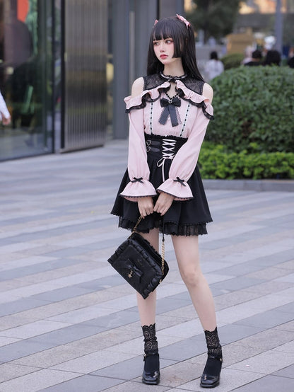 Jirai Kei Open Shoulders Long Sleeves Black and Pink Blouse