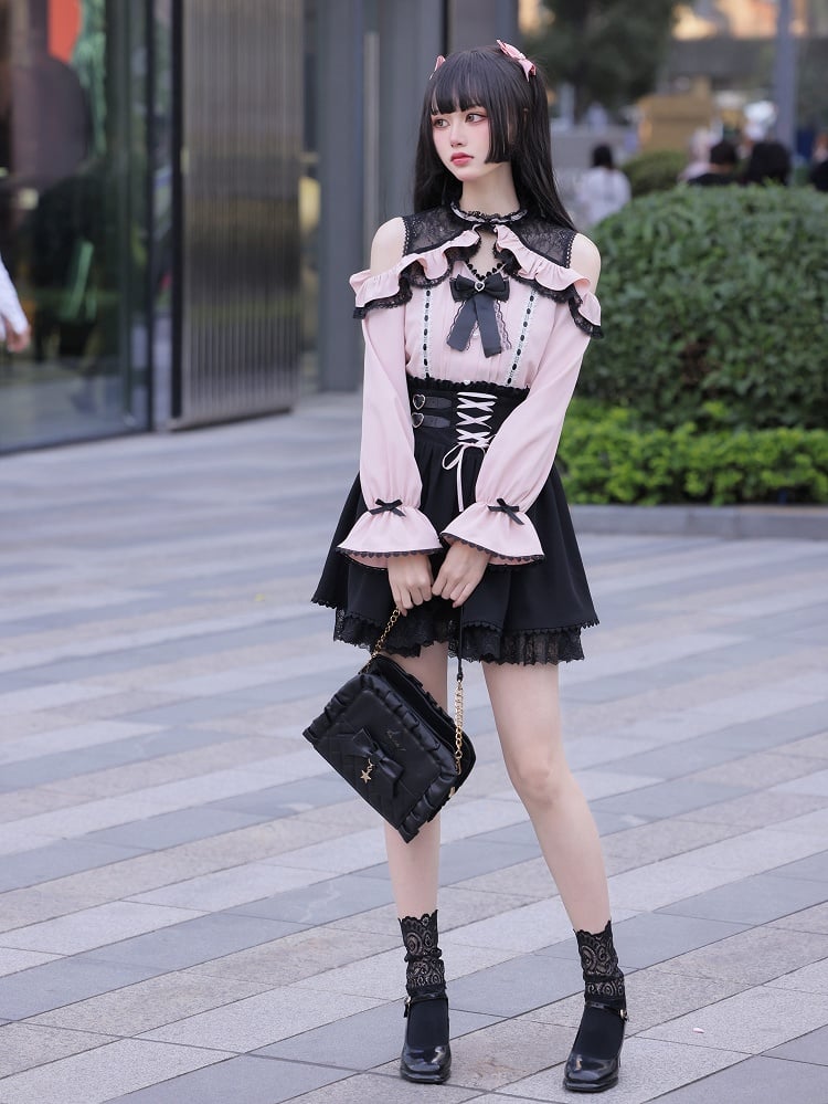 Jirai Kei High Waist Black Skirt Shirring Back Lace-up Front