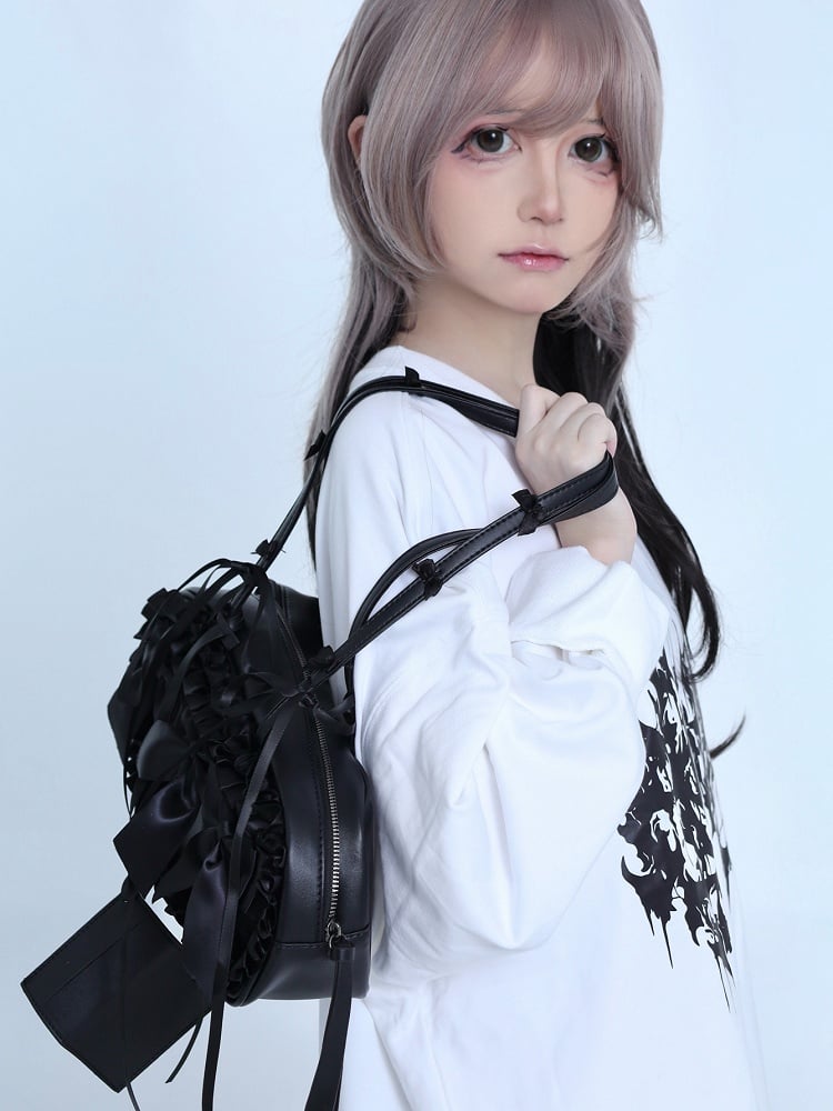 Black Jirai Kei Bowknot Details Self-tie Straps Ruffles Trim Shoulder Bag