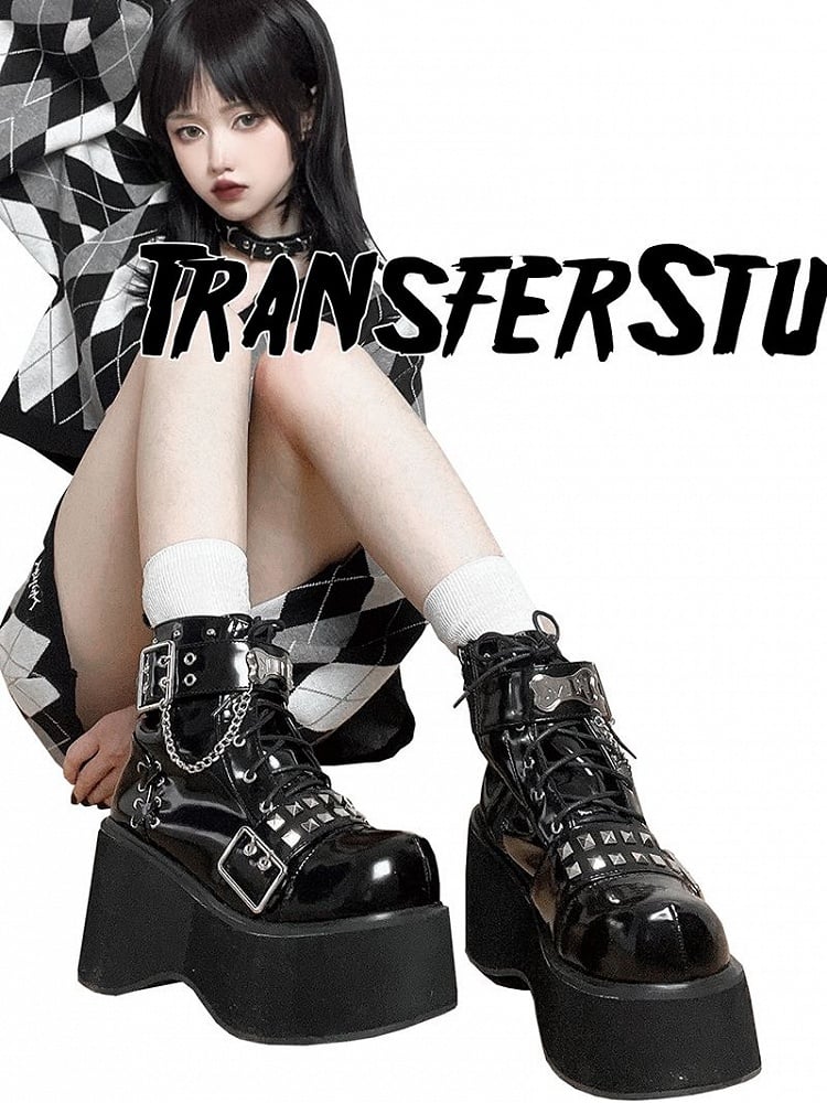 Punk Polished Black Platform Ankle Boots Silver-tone Studs