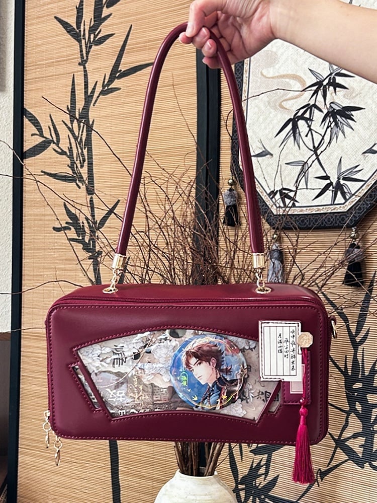 Red Embroidered Bamboo Leaf Cheongsam Style Ita Shoulder Bag with Fringe Charm