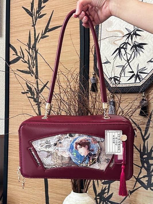 Red Embroidered Bamboo Leaf Cheongsam Style Ita Shoulder Bag with Fringe Charm
