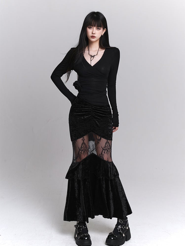 Gothic Black Velvet Contrast Lace Patches Ruched Design Mermaid Skirt
