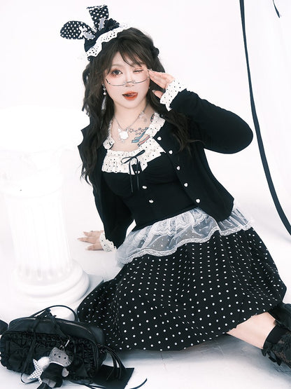 Plus Size Black Below-Knee Skirt with White Polka Dots & Side Zipper