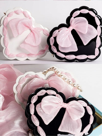 Lolita Heart-Shaped Pearl Handle Bag with Bow Detail & Adjustable Strap Two Colors Available