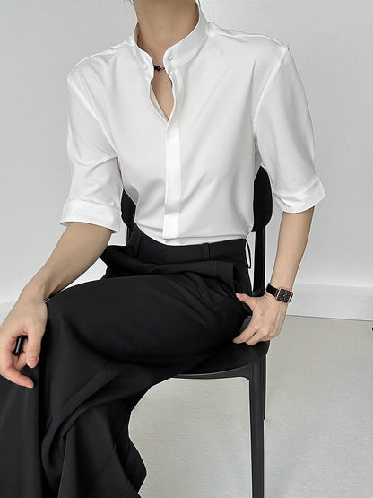 Ouji Lolita White Unisex Short Sleeve Shirt with Mandarin Collar & Button-Down Front