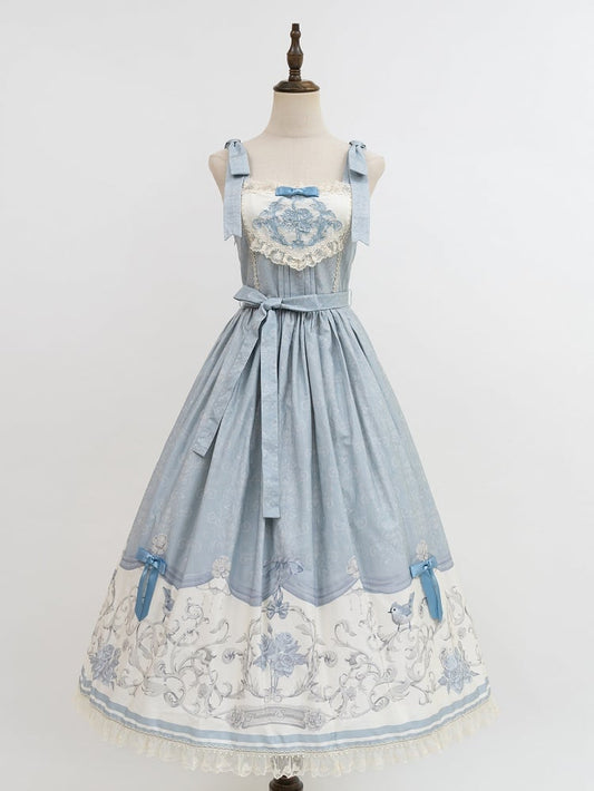 Blue Titmouse and Floral Print Lolita Jumper Skirt