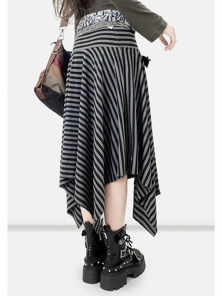 Black Y2K Striped Pattern Handkerchief Hem