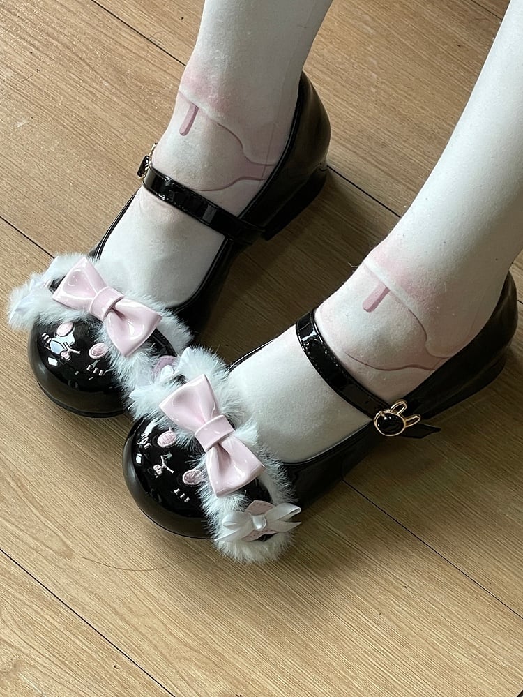 Black&Pink Bowknot Details Plush Bunny Ear Sweet Lolita Round Toe Shoes With Bunny Buckle Strap