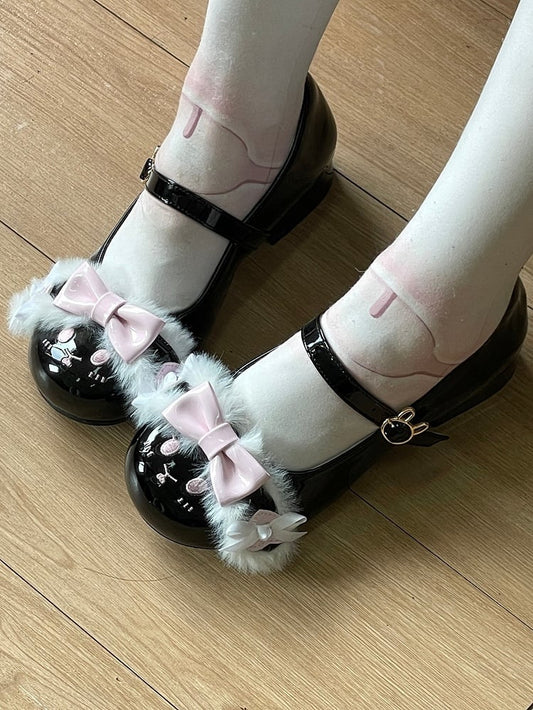Black&Pink Bowknot Details Plush Bunny Ear Sweet Lolita Round Toe Shoes With Bunny Buckle Strap