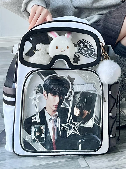 White Star Print Backpack Ita Bag With Goggles-Shaped Ita Bag