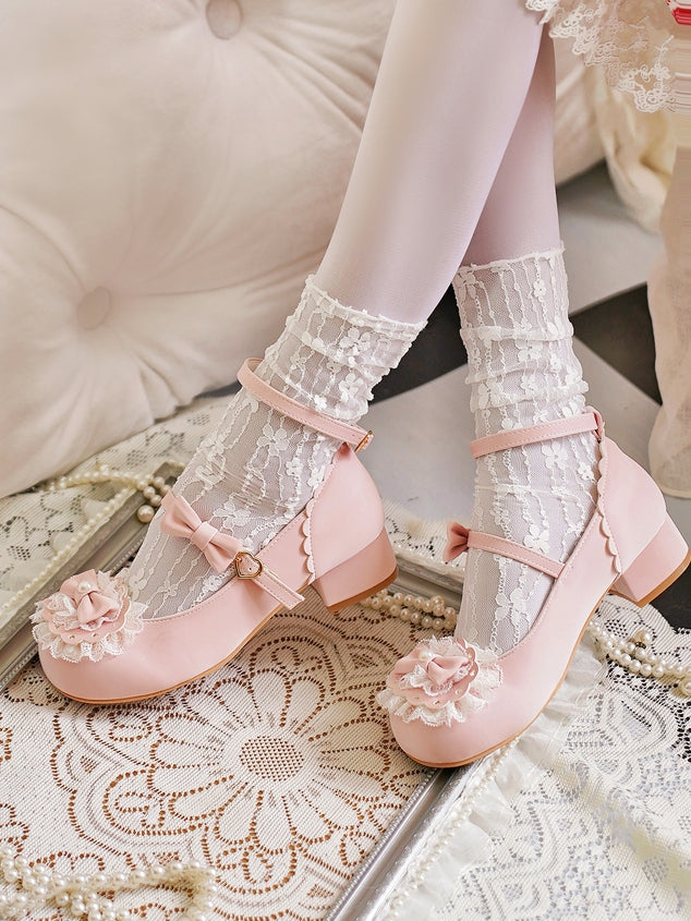 Baby Pink Bow at Top Lace Trim Heart Buckles Round Toe Lolita Shoes