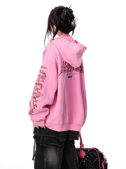 Pink Letter Print Sleeves Zip-up Hoodie for Autumn