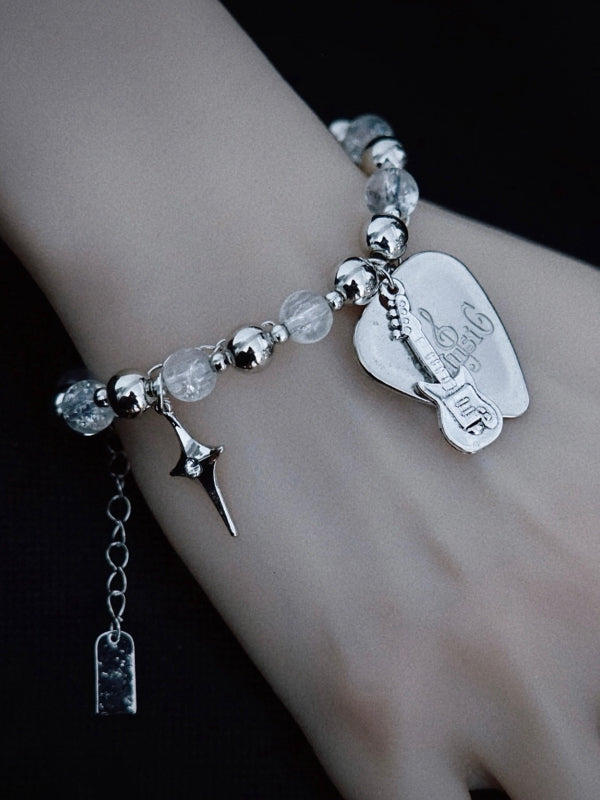 Handmade Guitar Pick Charm Silver and White Punk Beaded Bracelet