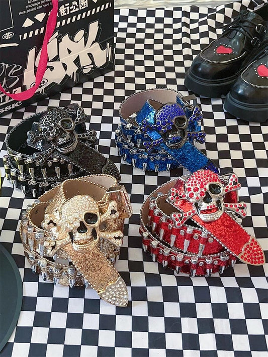 Y2K Glittering Rhinestones Punk Skull Bullets Waist Belt Black/Red/Blue/Gold