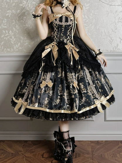 Black and Gold Corset Waist Drawstring Overlay Skirt Lolita Jumper Skirt