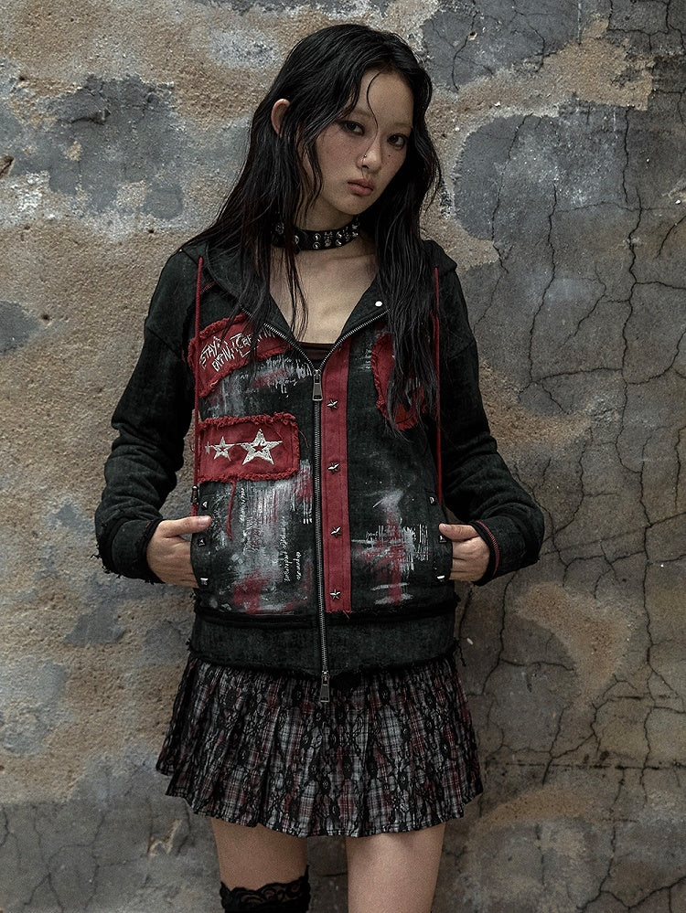 Sweetheart Applique Black Gothic Punk Distressed Zip Hoodie with Studs