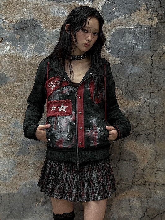 Sweetheart Applique Black Gothic Punk Distressed Zip Hoodie with Studs