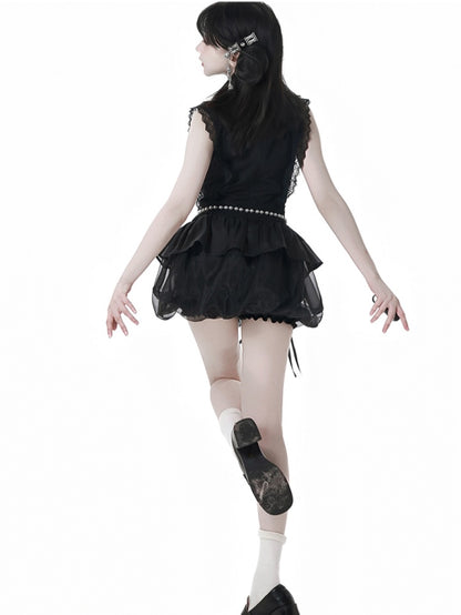 Black Cheongsam Style Banded Collar Mini Dress Bubble Skirt with Beaded Waist Chain