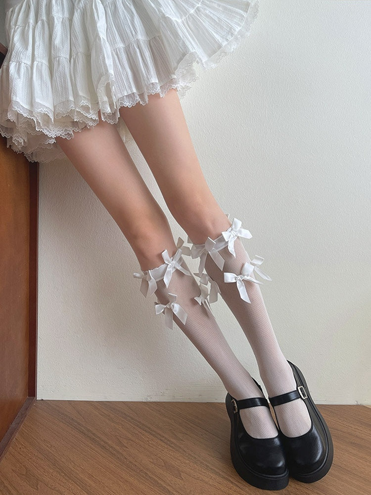 White/Black Bowknot Details Semi-sheer Underknee Stockings