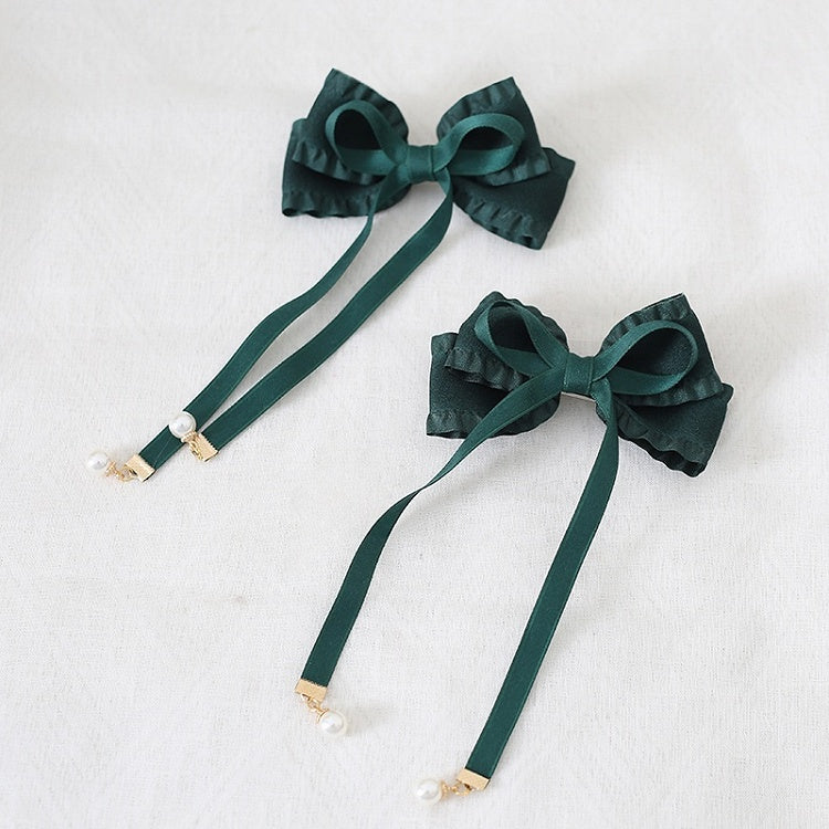 8 Colors A Pair of Sweet Bowknot Ribbon Hairclips with Bead Decorations