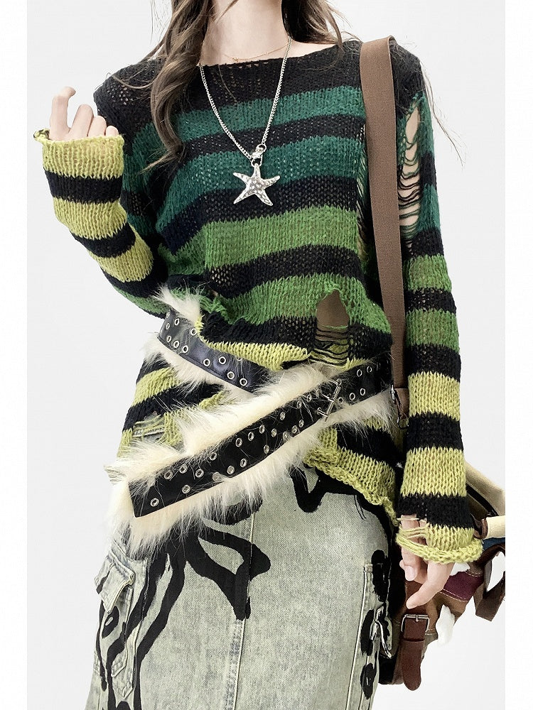 Green Y2K Striped Pattern Cut-out Details Asymmetrical Neckline Sweater