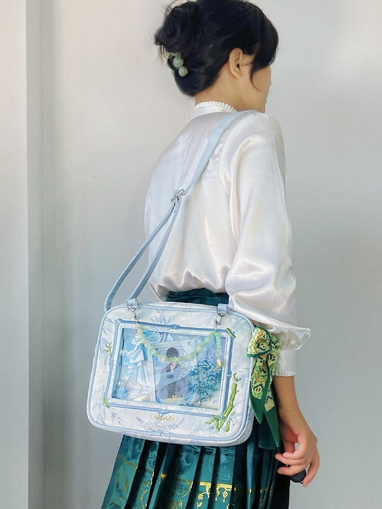Light Blue Bamboo Leaf Pattern Cheongsam Style Ita Shoulder Bag with Detachable Beaded Chain