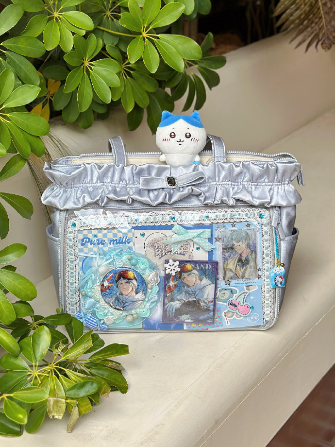 Silver Ruffle Trim Rhinestone Bowknot Large Volume Ita Tote Bag