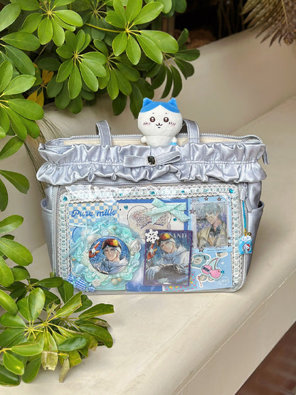 Silver Ruffle Trim Rhinestone Bowknot Large Volume Ita Tote Bag