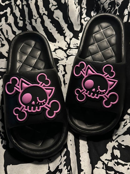 Black and Pink Gothic Skeleton Applique Summer Slippers