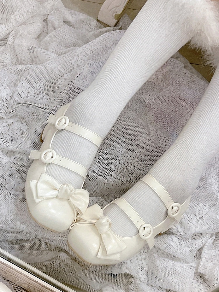 Bow Accents Sweet White Buckle Straps Shoes Princess Low Heels